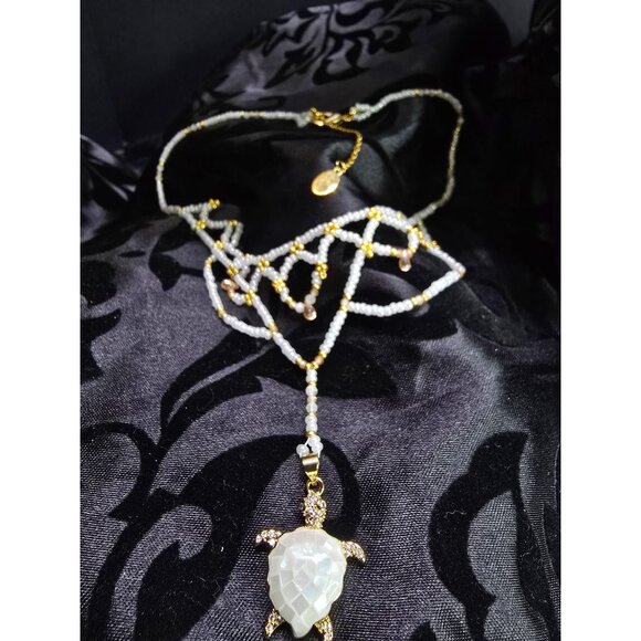 18k Gold Plated Moonstone Peach Champagne Zircon Beaded Necklace Turtle Pendant - Picture 6 of 9